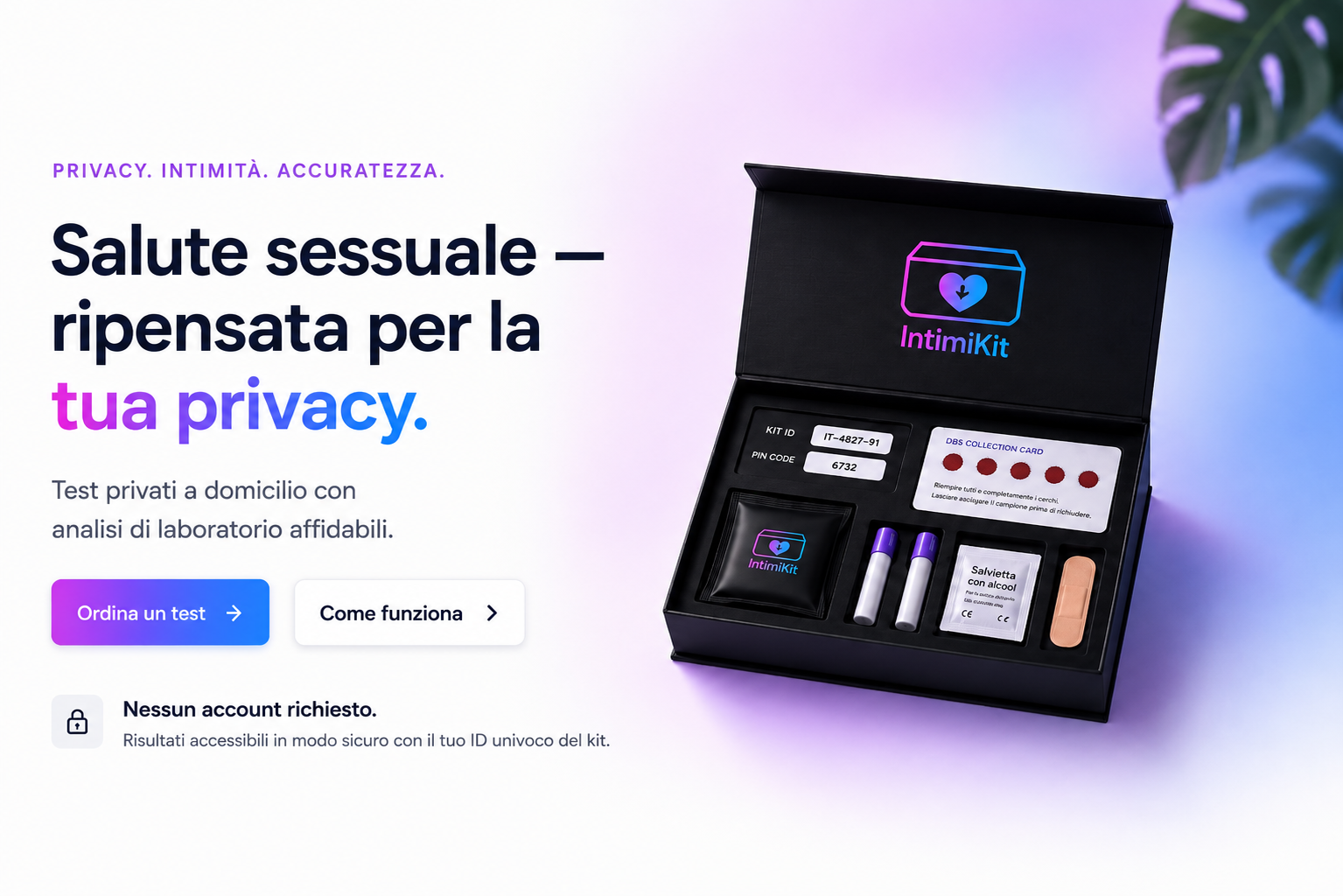 Salute sessuale — ripensata per la tua privacy. Unisciti all'accesso anticipato o scopri come funziona. Nessun account richiesto, risultati accessibili in modo sicuro con il tuo ID univoco del kit.